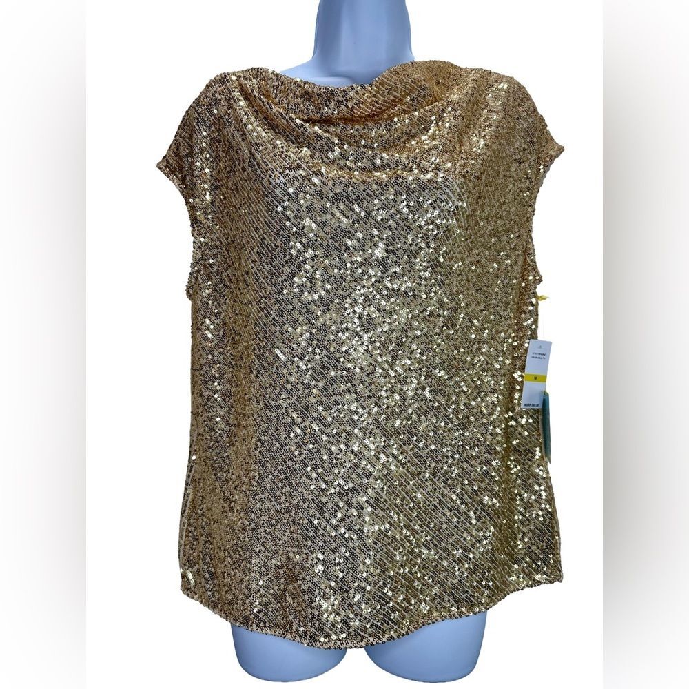 CeCe Gold Sequin Cowl Neck Blouse Size M NWT